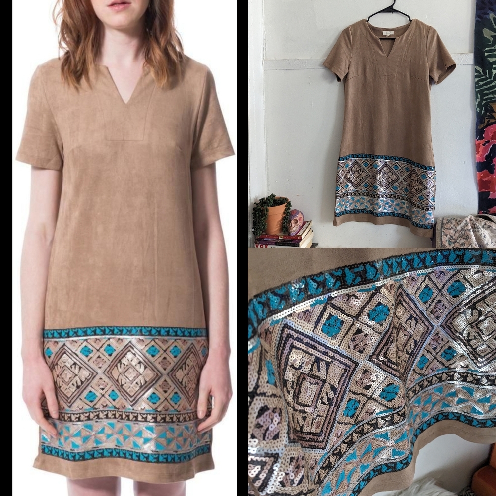 Y2k Suede Western Tribal Sequin Dress Brown Turquoise Festival Coachella